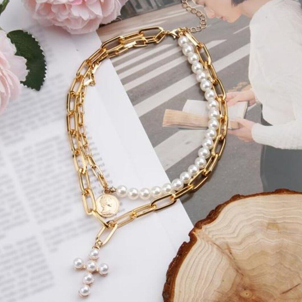 Layered Golden Necklaces for Women, Faux Pearl Cross Necklace Stack Layered